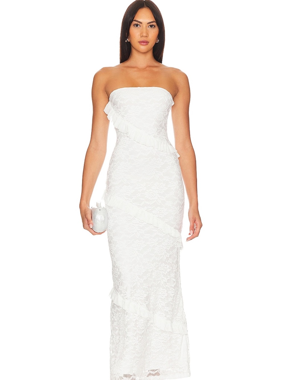 Strapless White Lace Maxi Dress with Ruffle Detail